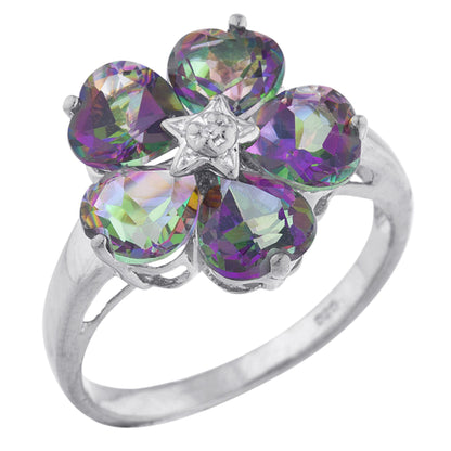 14Kt Gold Natural Mystic Topaz & Diamond Heart Flower Design Ring