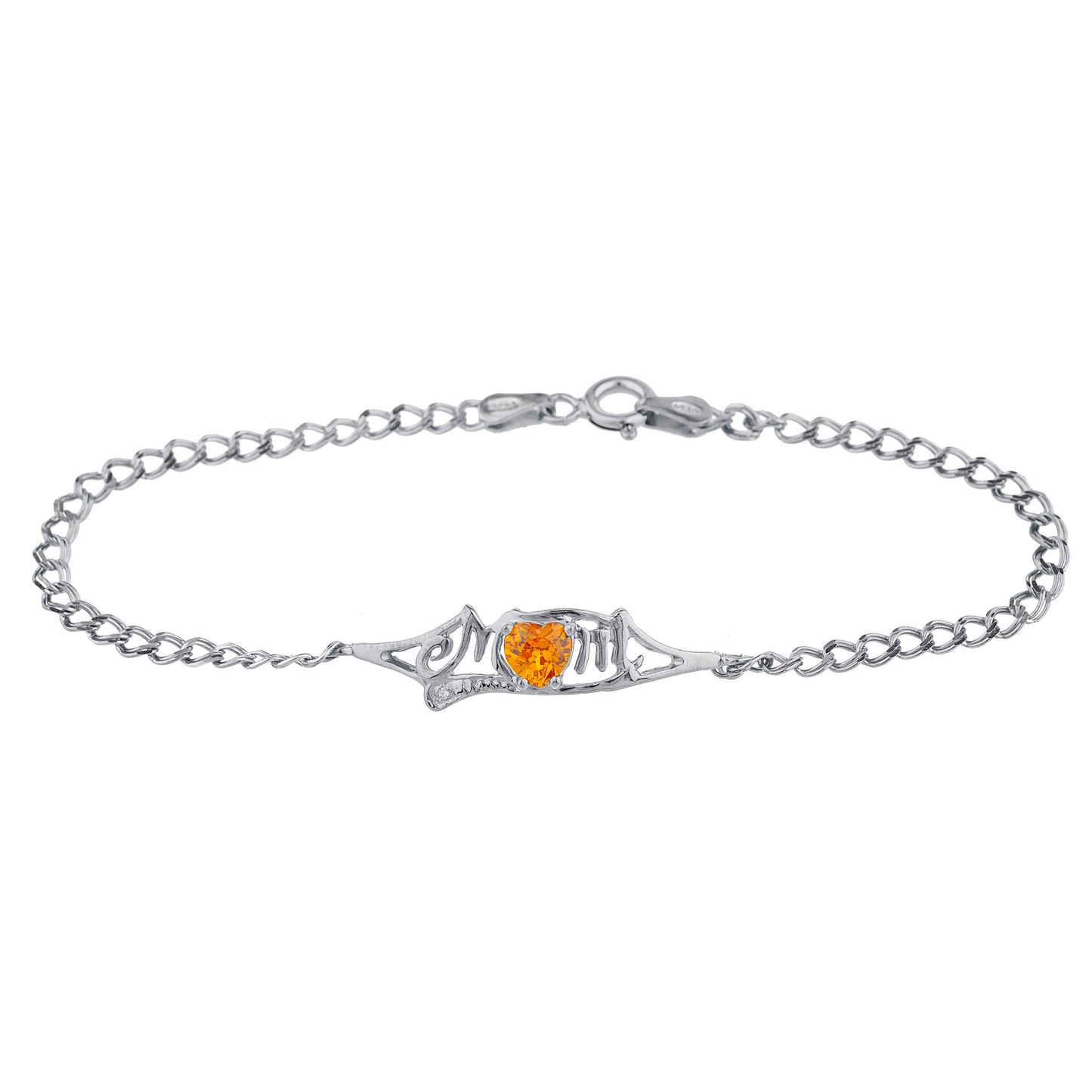 Orange Citrine & Diamond Heart Mom Bracelet .925 Sterling Silver