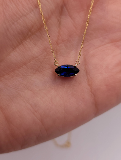 14Kt Gold Blue Sapphire Marquise Pendant Necklace