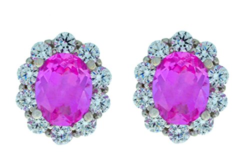 8 Ct Pink Sapphire & White Topaz Oval Stud Earrings .925 Sterling Silver