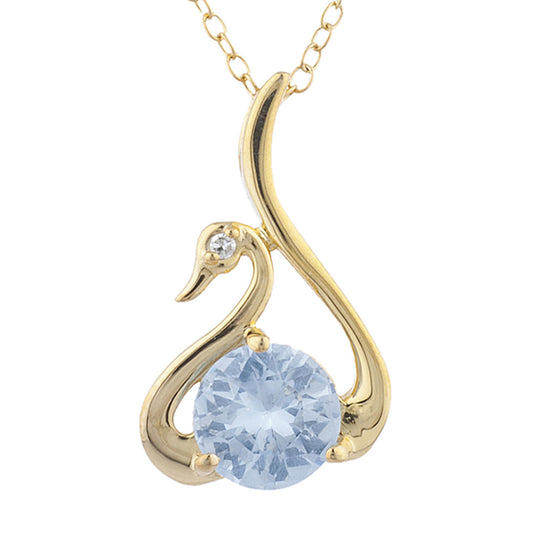 14Kt Yellow Gold Plated Genuine Aquamarine & Diamond Swan Pendant