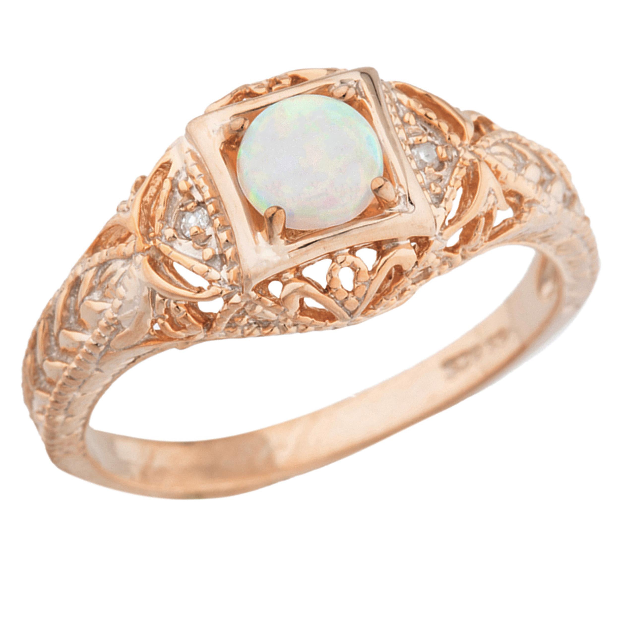 14Kt Gold Genuine Opal & Diamond Design Round Ring