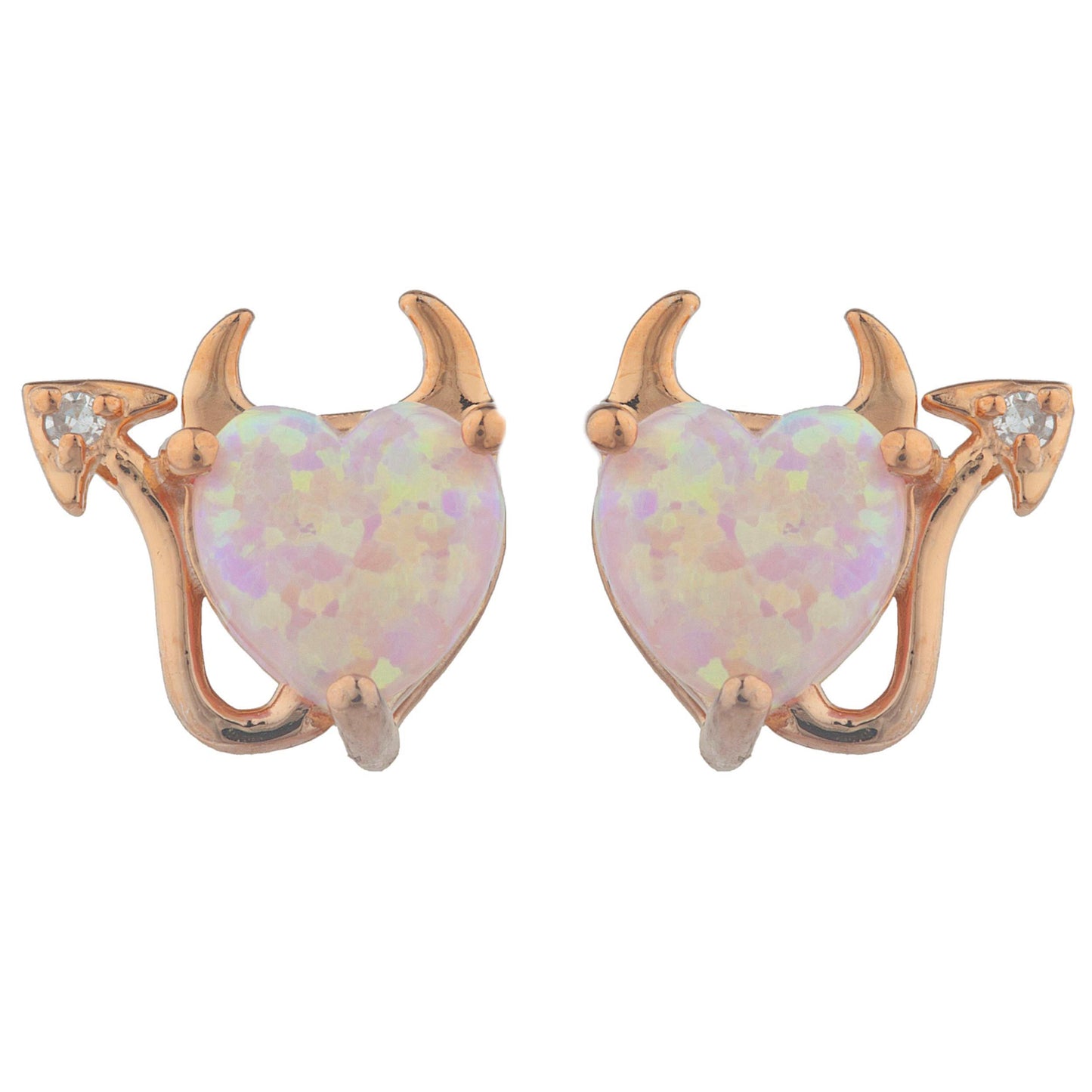 14Kt Gold Pink Opal & Diamond Devil Heart Stud Earrings