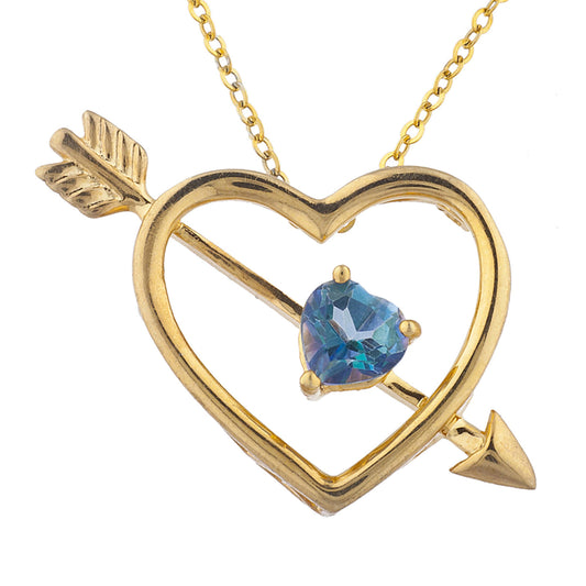 14Kt Yellow Gold Plated Natural Blue Mystic Topaz Heart Bow & Arrow Pendant