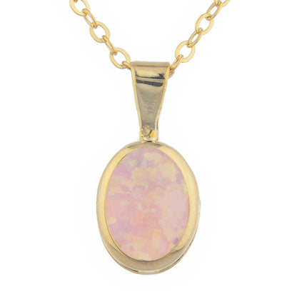14Kt Gold Pink Opal Oval Bezel Pendant Necklace