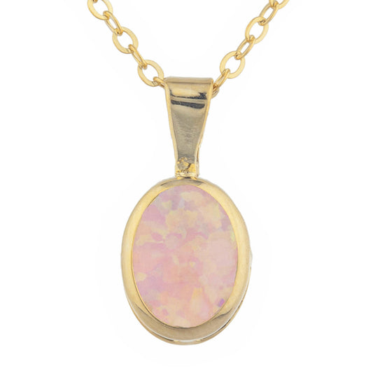 14Kt Gold Pink Opal Oval Bezel Pendant Necklace