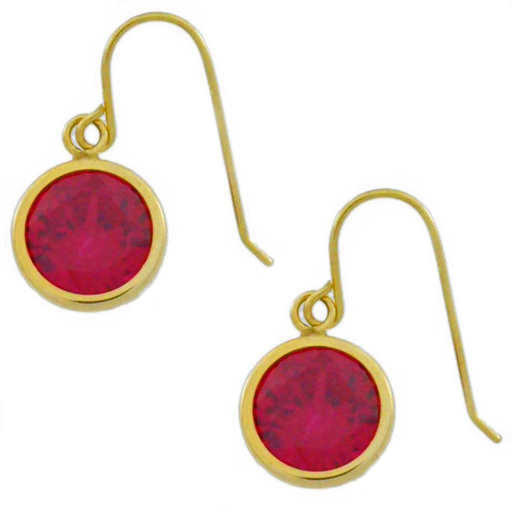 14Kt Yellow Gold Created Ruby 6mm Round Bezel Dangle Earrings