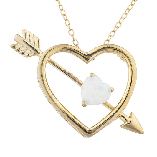 14Kt Yellow Gold Plated Genuine Opal Heart Bow & Arrow Pendant