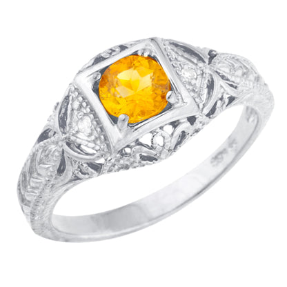 14Kt Gold Orange Citrine & Diamond Design Round Ring