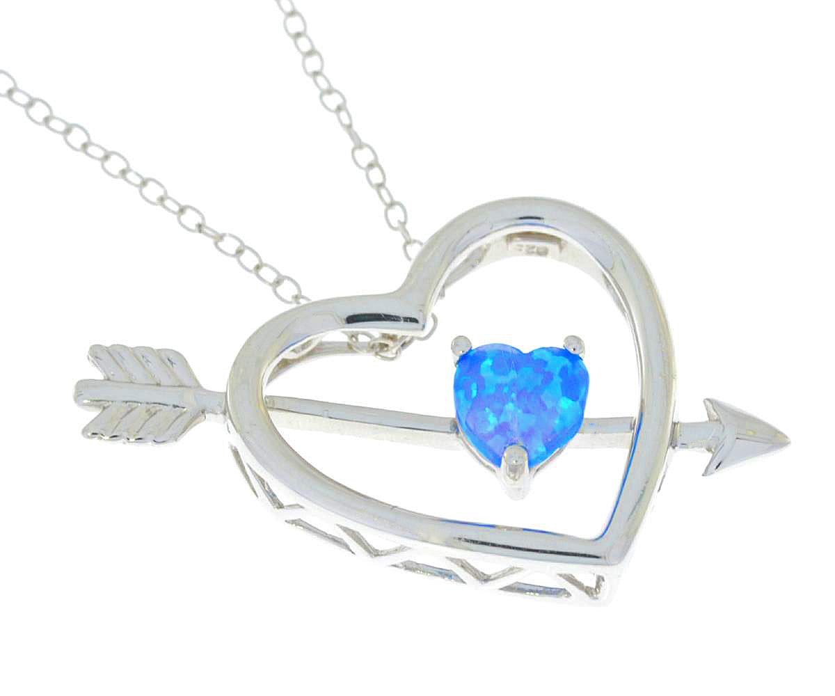 Blue Opal Heart Bow & Arrow Pendant .925 Sterling Silver Rhodium Finish