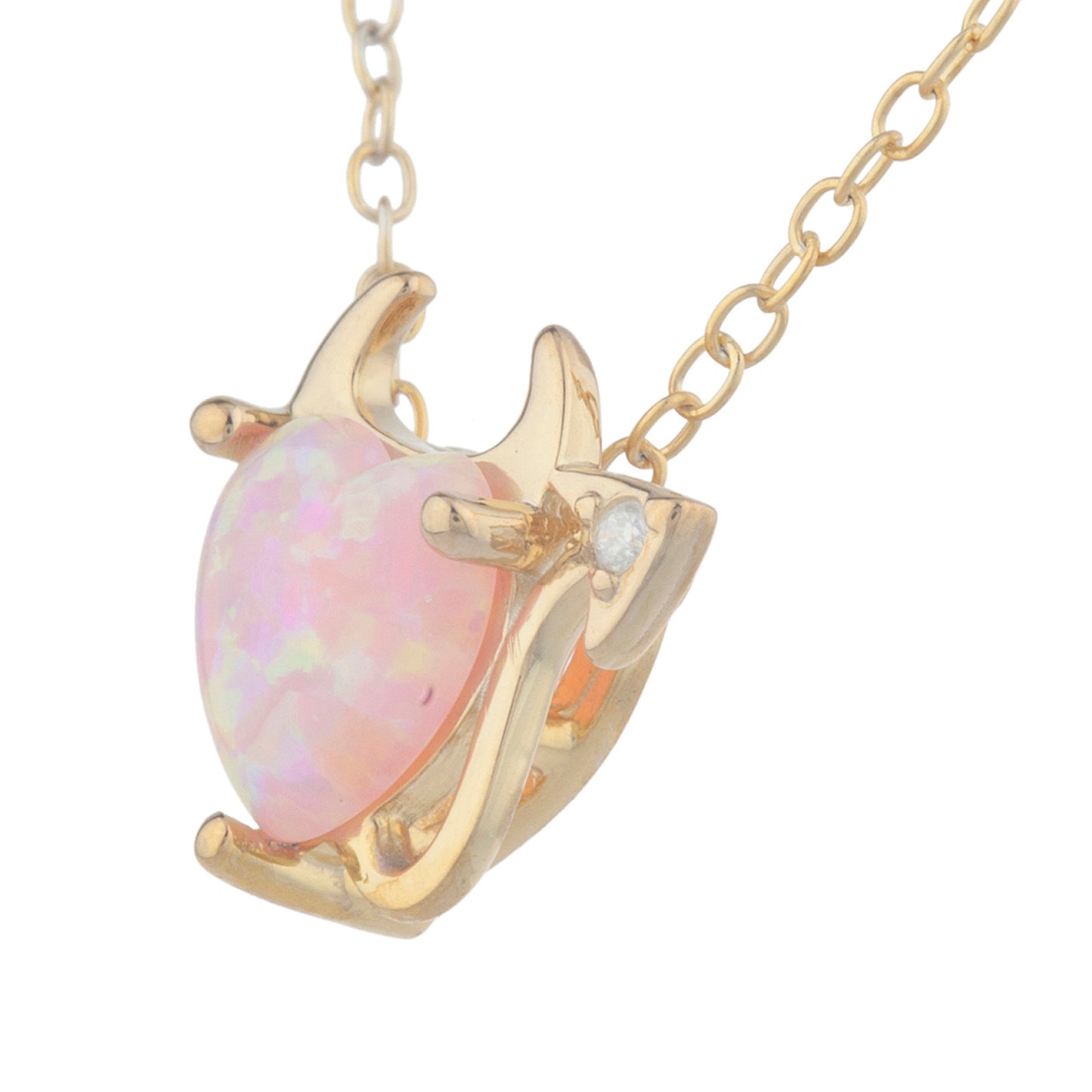 14Kt Gold Pink Opal & Diamond Devil Heart Pendant Necklace