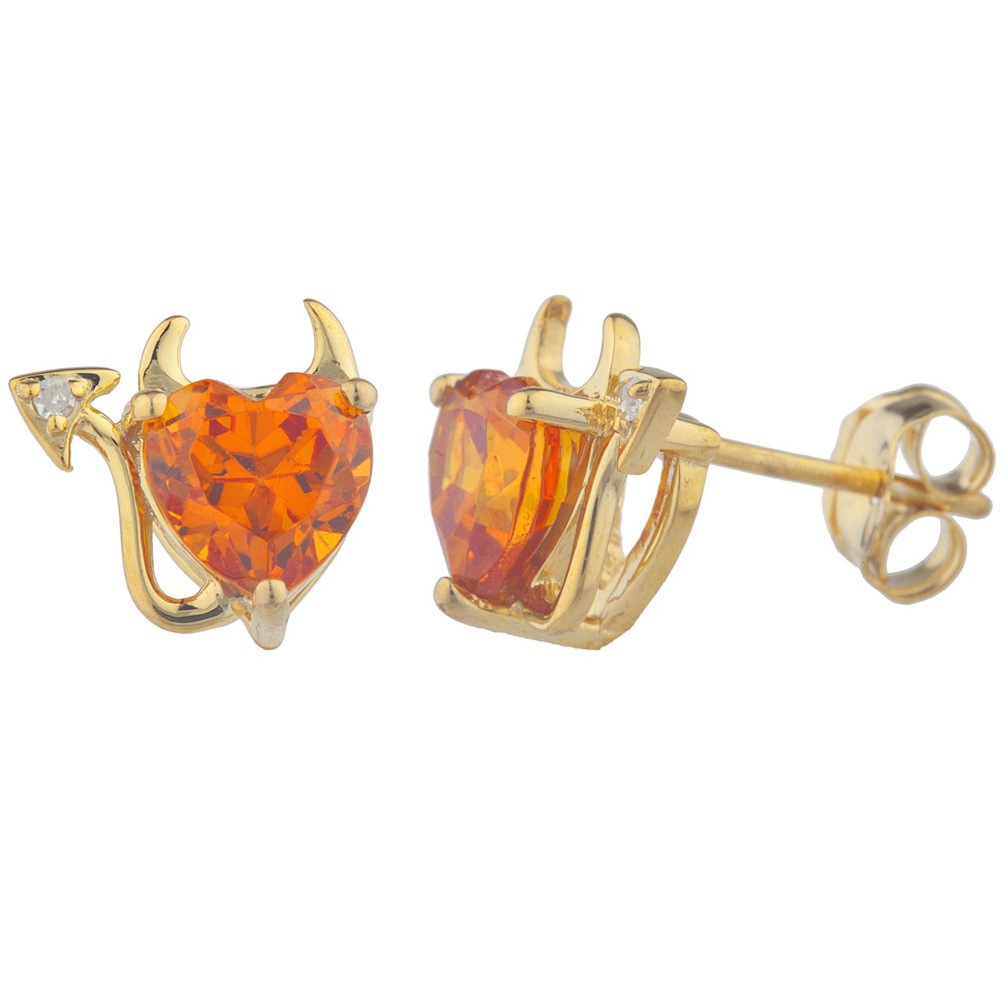 Orange Citrine & Diamond Devil Heart Stud Earrings 14Kt Yellow Gold Plated