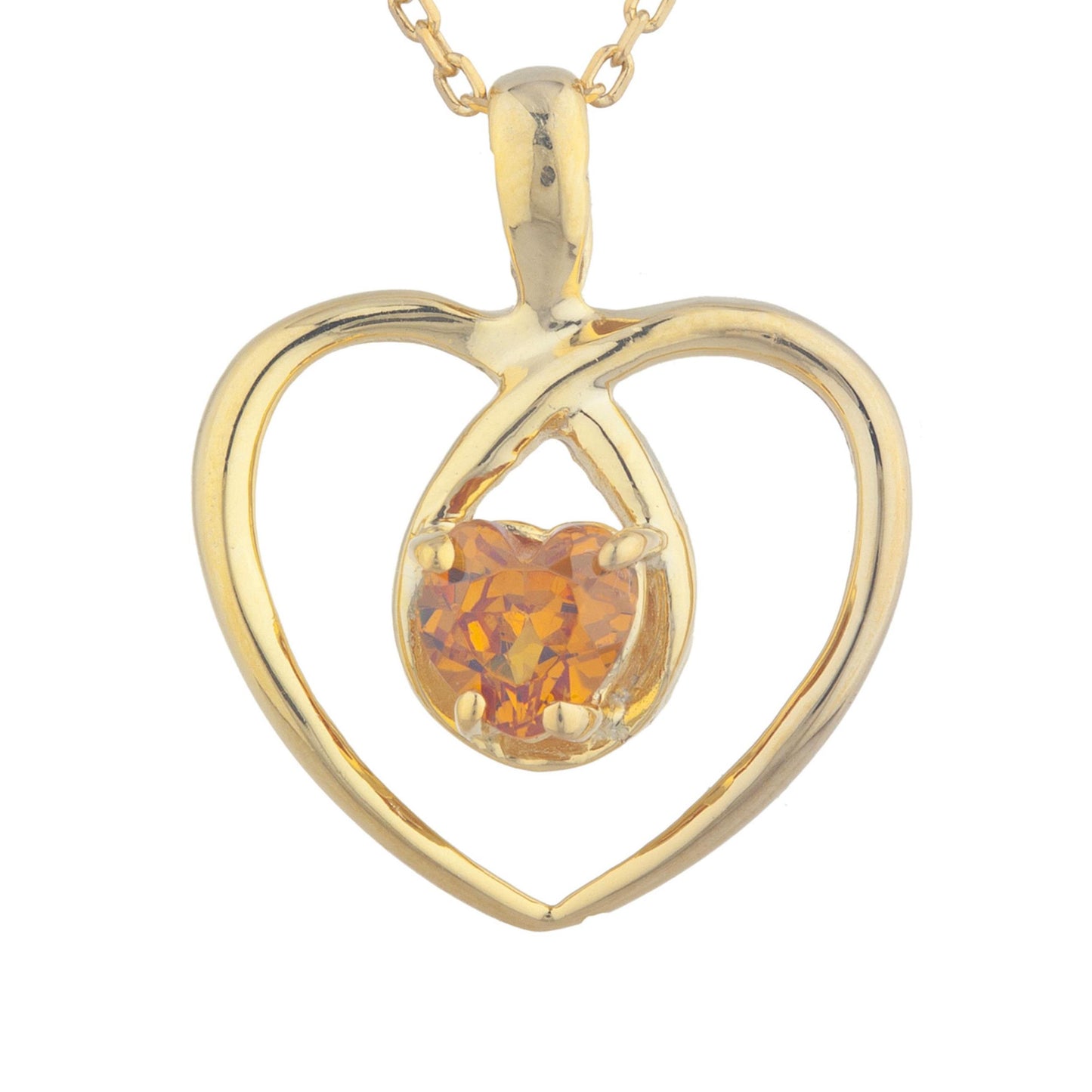 14Kt Gold Orange Citrine Heart Design Pendant Necklace