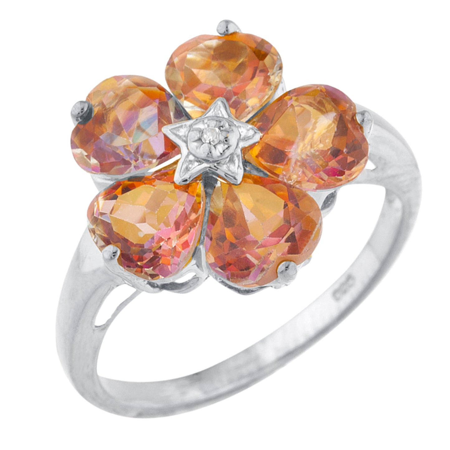 14Kt Gold Natural Ecstasy Mystic Topaz & Diamond Heart Flower Design Ring