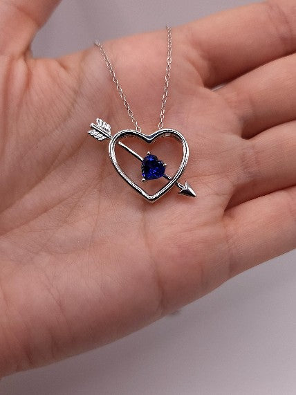 14Kt Gold Blue Sapphire Heart Bow & Arrow Pendant Necklace