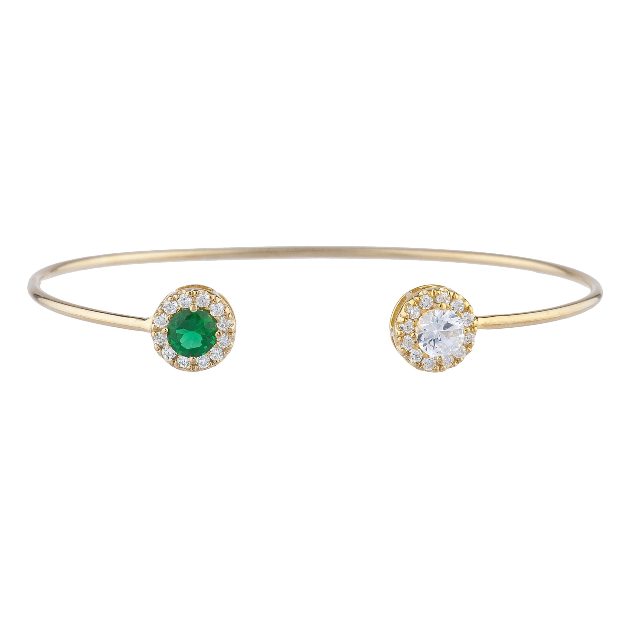 14Kt Gold White Sapphire & Emerald Halo Design Bangle Bracelet