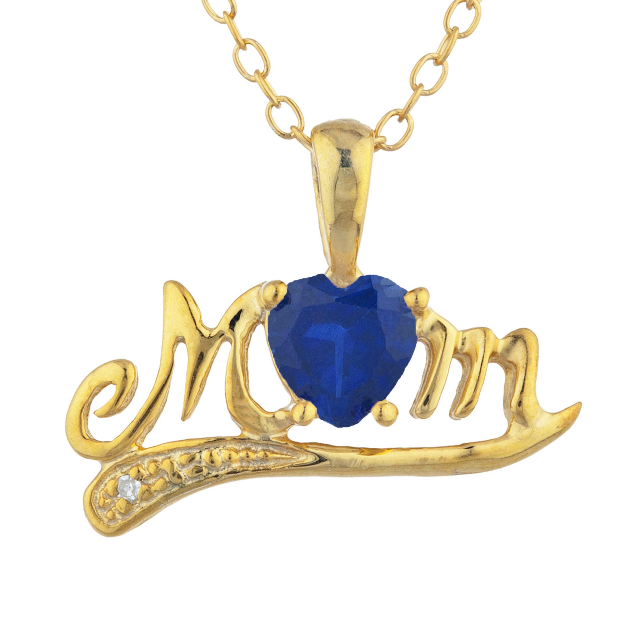 14Kt Gold Blue Sapphire & Diamond Heart Mom Pendant Necklace
