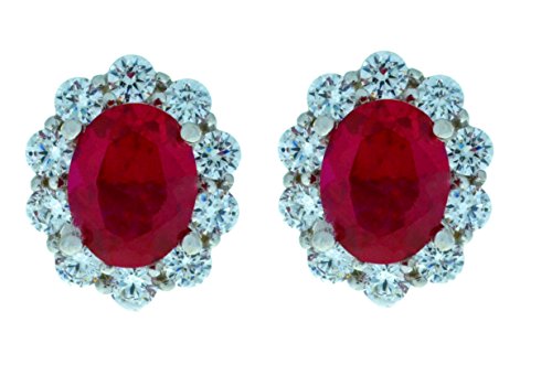 8 Ct Created Ruby & Zirconia Oval Stud Earrings .925 Sterling Silver