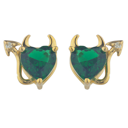 Emerald & Diamond Devil Heart Stud Earrings 14Kt Yellow Gold Plated