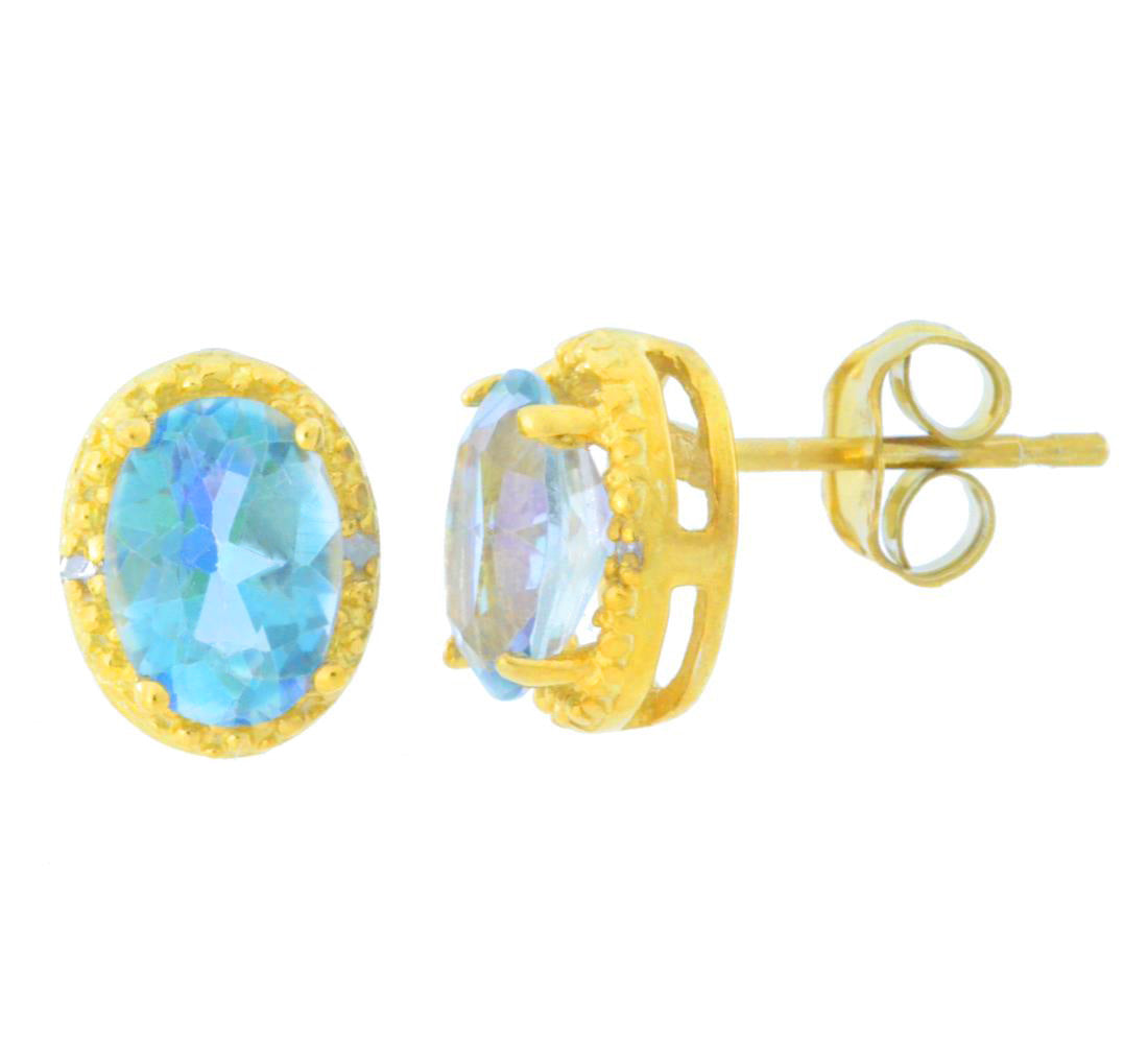 2 Ct Blue Mystic Topaz & Diamond Oval Stud Earrings 14Kt Yellow Gold Plated