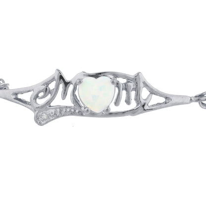 Opal & Diamond Heart Mom Bracelet .925 Sterling Silver