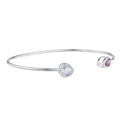 Genuine Aquamarine Heart & Amethyst Pear Bezel Bangle Bracelet .925 Sterling Silver Rhodium Finish