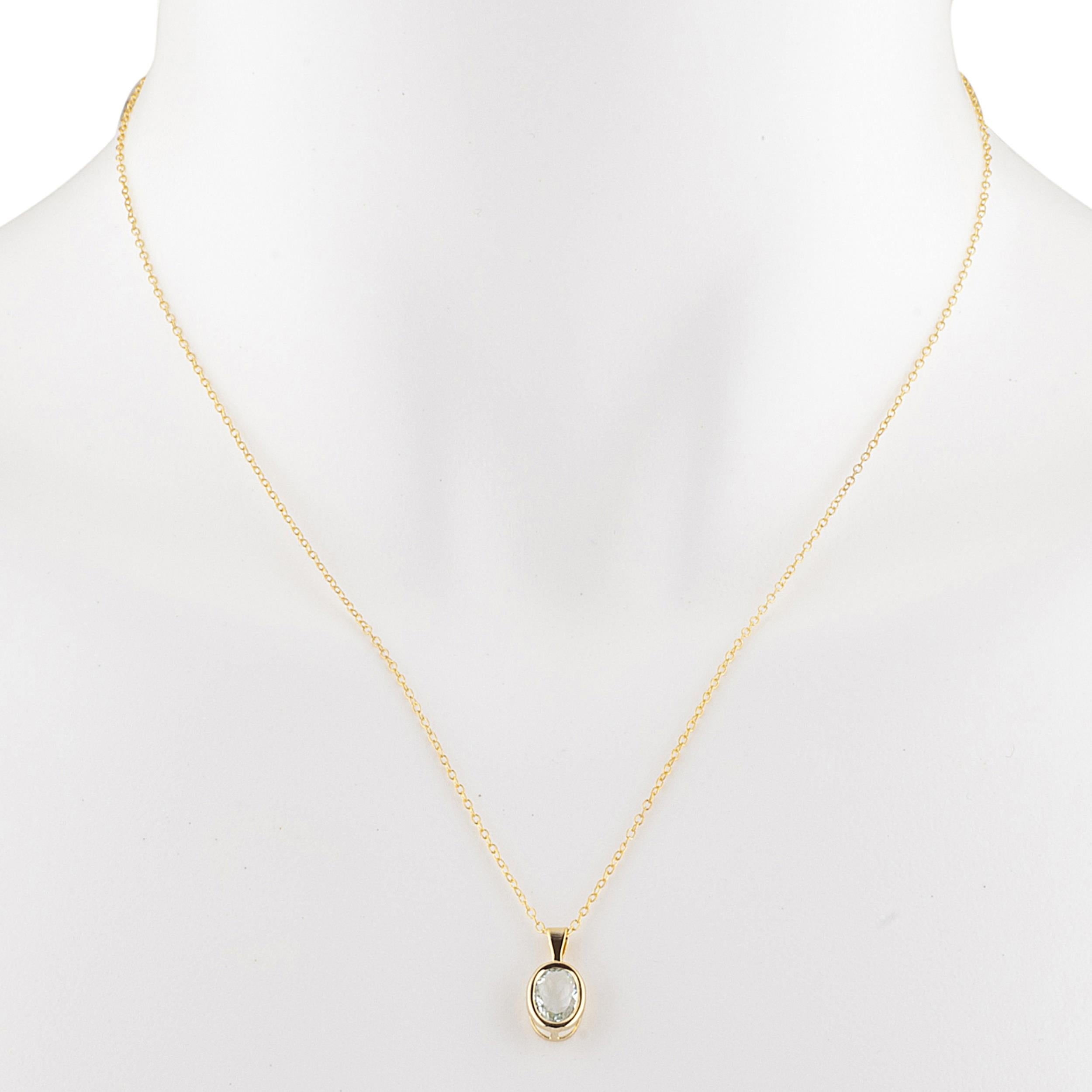 14Kt Gold Genuine Aquamarine Oval Bezel Pendant Necklace