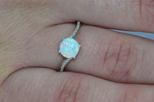 Opal & Diamond Round Ring .925 Sterling Silver Rhodium Finish