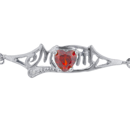 Garnet & Diamond Heart Mom Bracelet .925 Sterling Silver