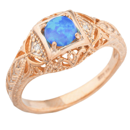 14Kt Gold Blue Opal & Diamond Design Round Ring