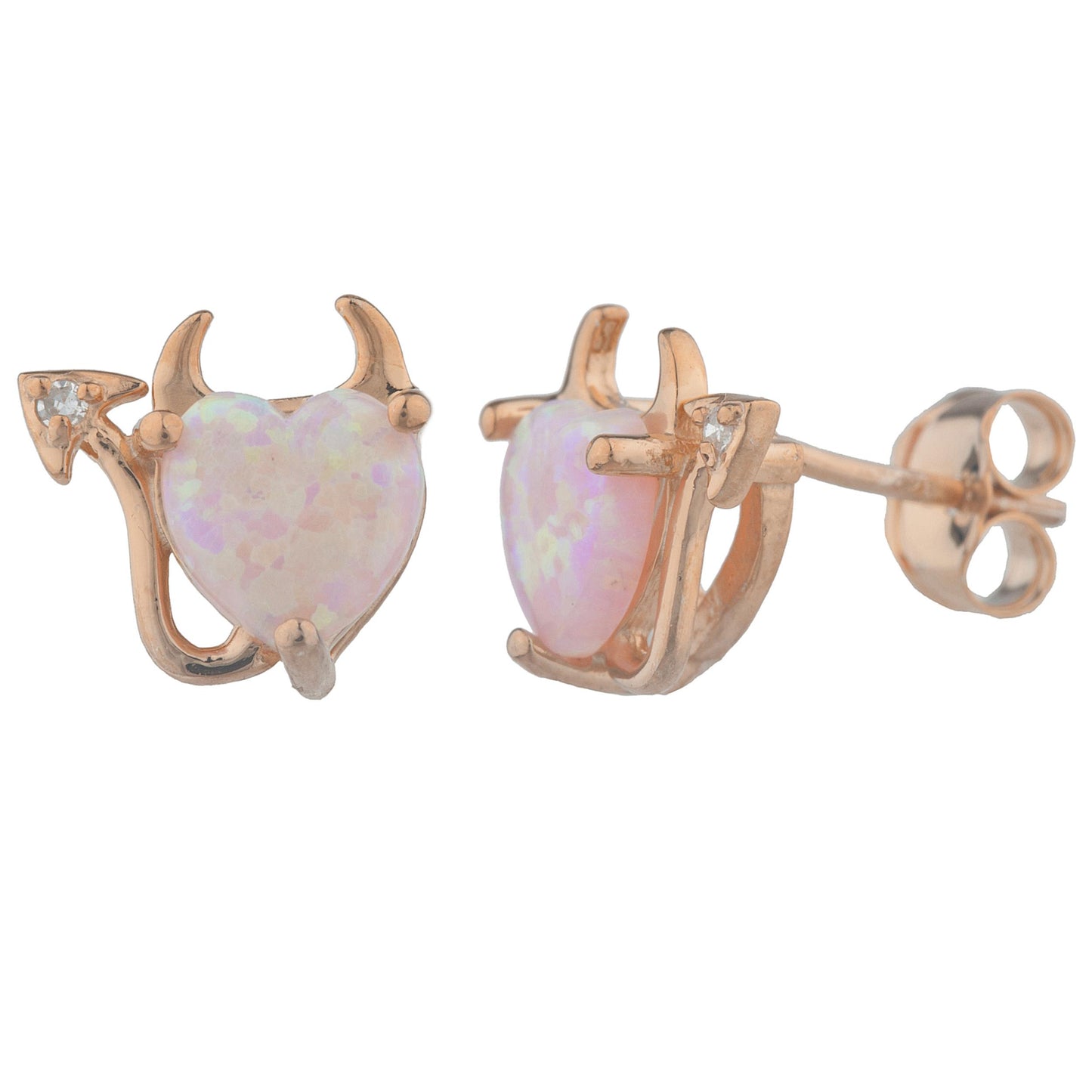 14Kt Gold Pink Opal & Diamond Devil Heart Stud Earrings