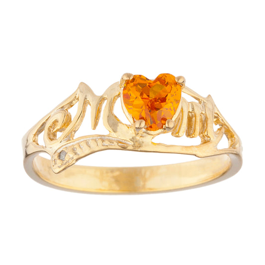 14Kt Gold Orange Citrine & Diamond Heart Mom Ring