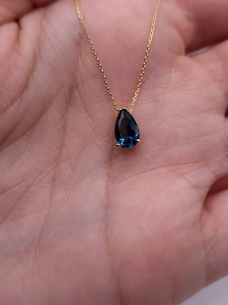 14Kt Gold London Blue Topaz Teardrop Necklace Pendant