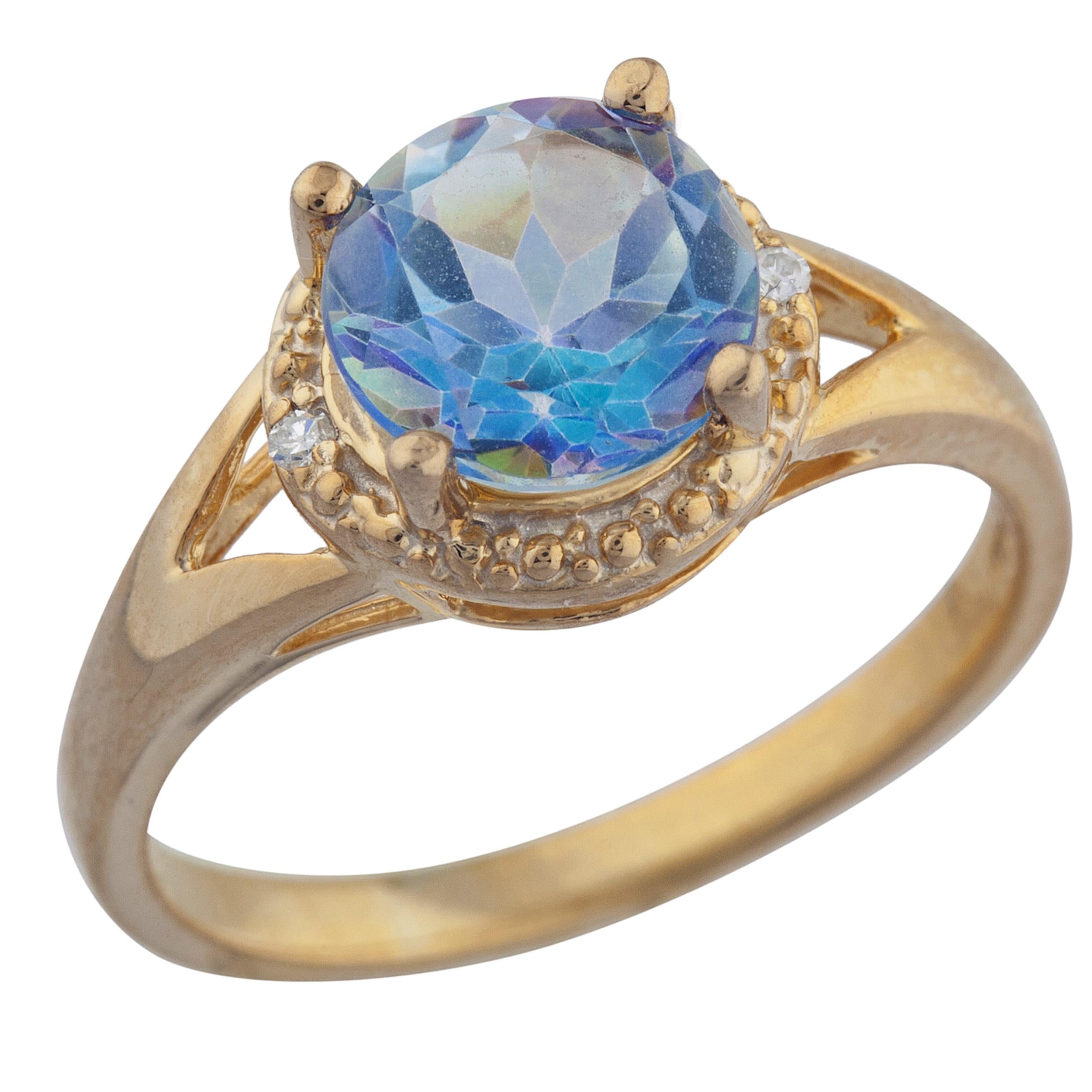 14Kt Gold 2 Ct Natural Blue Mystic Topaz & Diamond Halo Design Round Ring