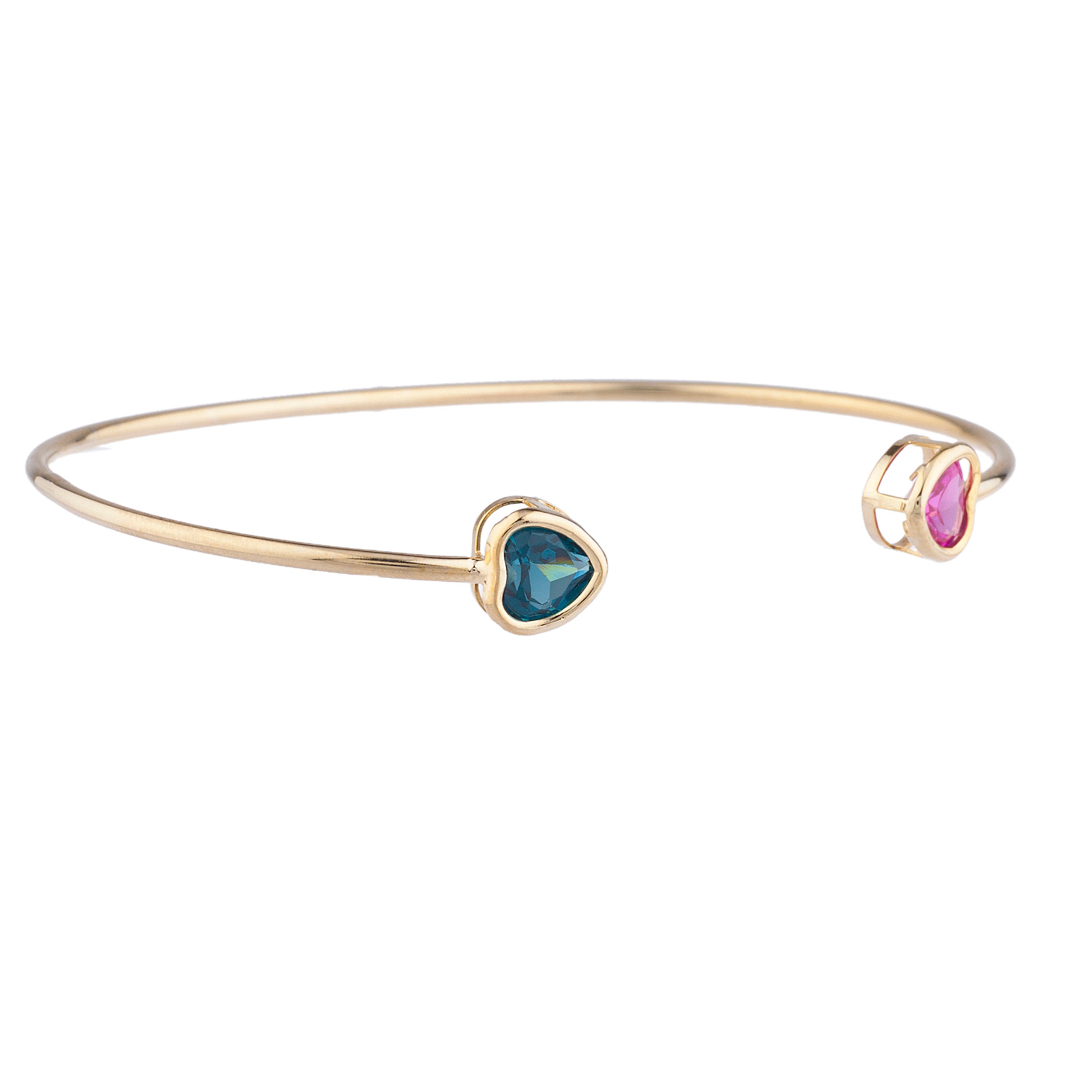 14Kt Gold Pink Sapphire & London Blue Topaz Heart Bezel Bangle Bracelet