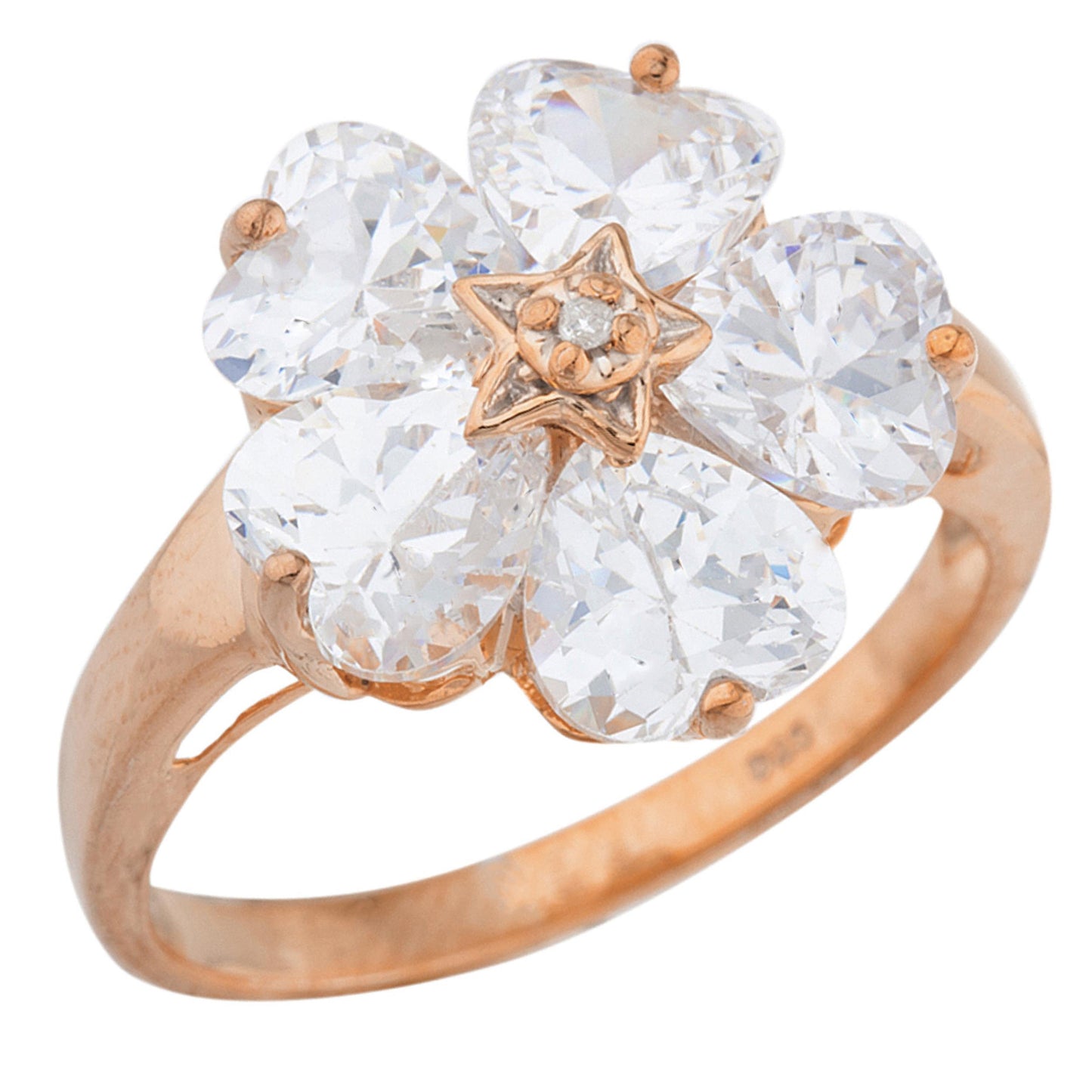 14Kt Gold Zirconia & Diamond Heart Flower Design Ring