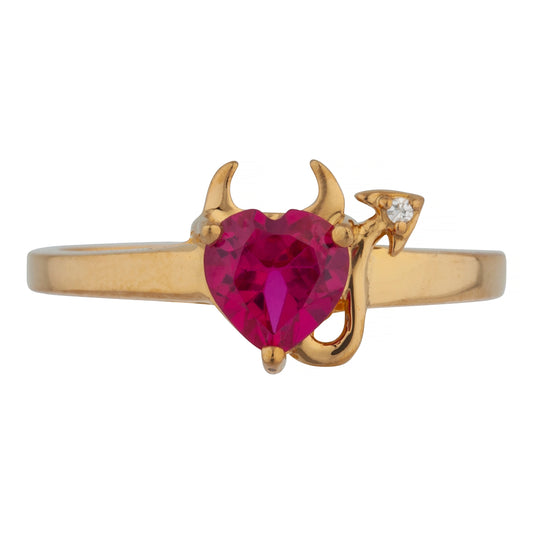 14Kt Gold Created Ruby & Diamond Devil Heart Ring