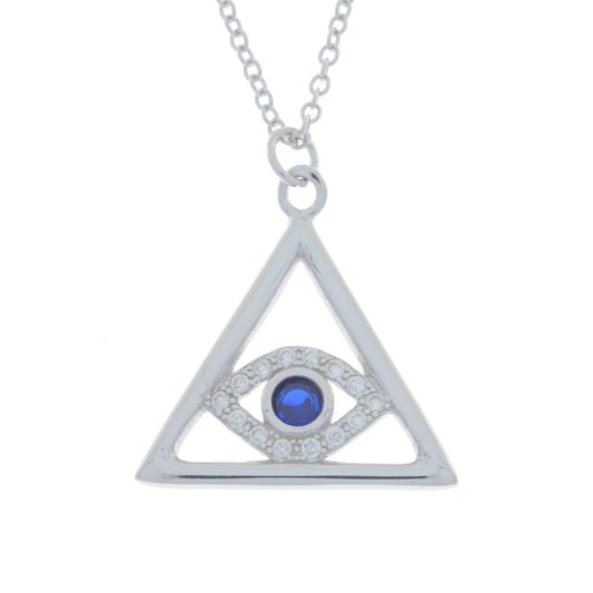 Evil Eye Blue & White CZ Triangle Design Pendant .925 Sterling Silver