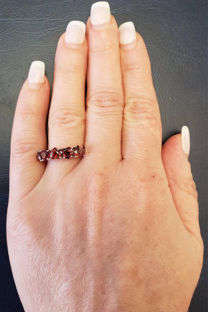 5 Hearts Garnet Heart Ring .925 Sterling Silver Rhodium Finish