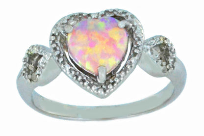 Pink Opal & Diamond Heart Ring .925 Sterling Silver Rhodium Finish