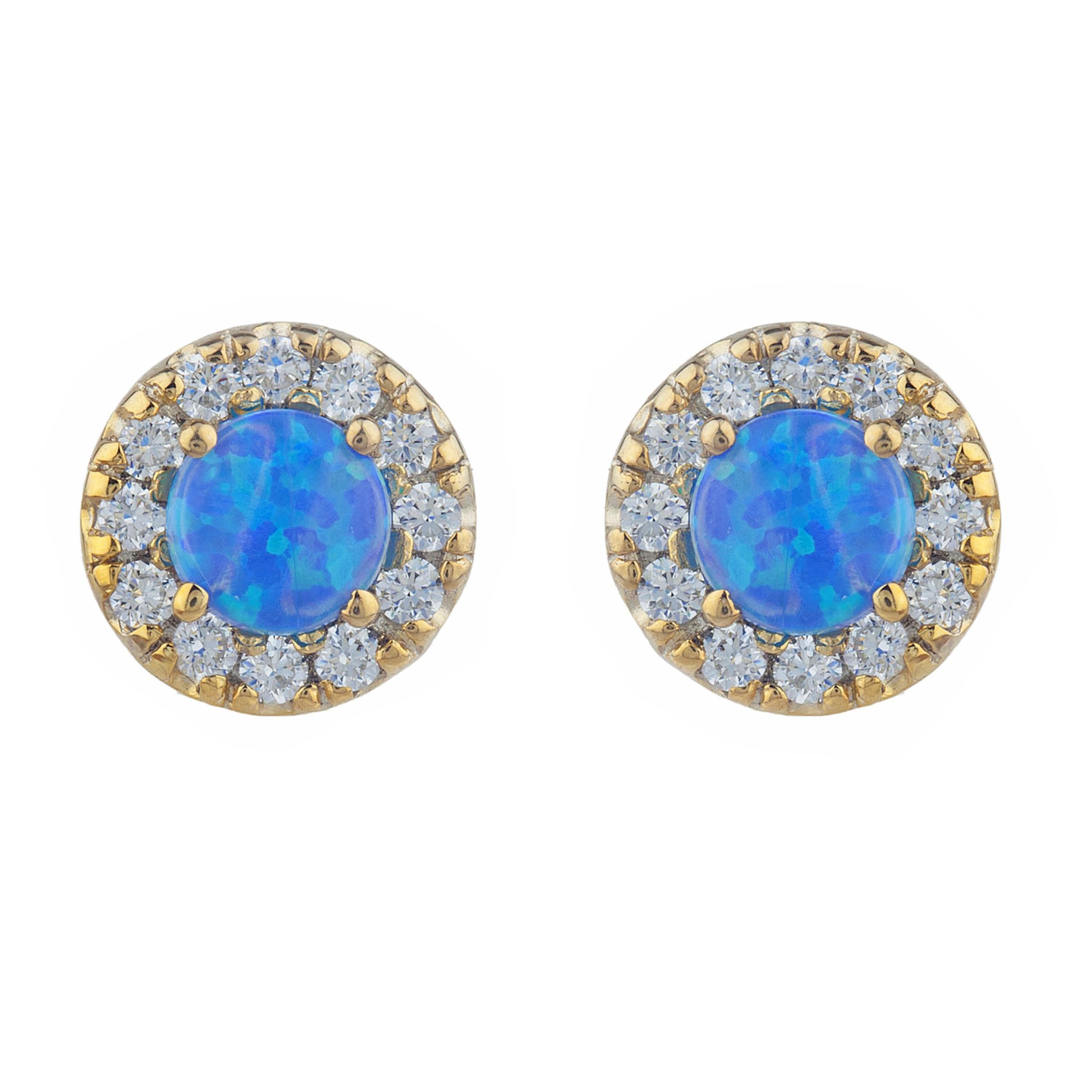 14Kt Gold Blue Opal Halo Design Stud Earrings