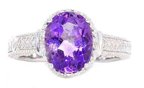 3 Ct Amethyst & Diamond Oval Ring .925 Sterling Silver Rhodium Finish