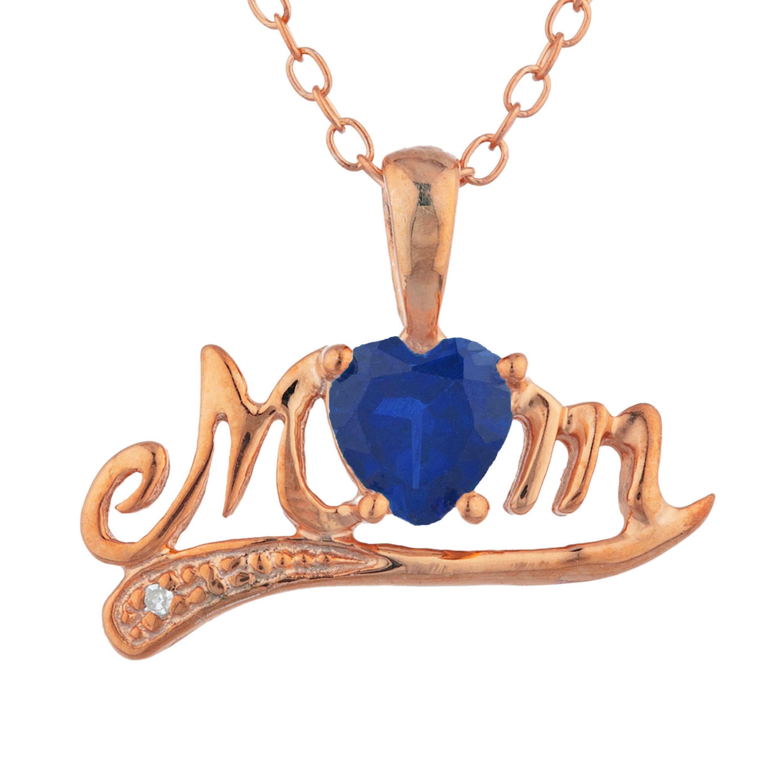 14Kt Gold Blue Sapphire & Diamond Heart Mom Pendant Necklace