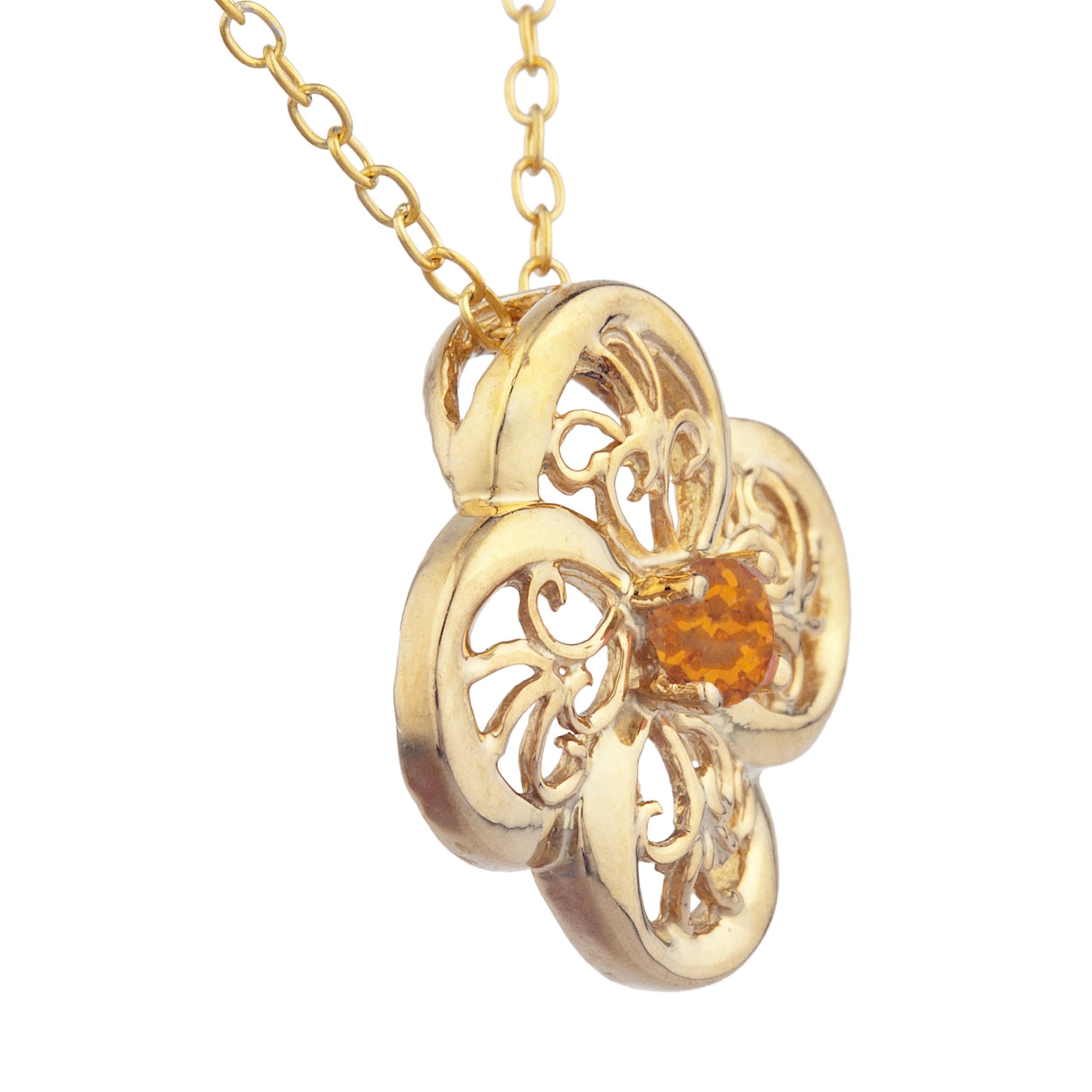 14Kt Gold Orange Citrine Clover Design Pendant Necklace