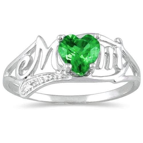 .50 Ct Created Emerald Heart & Diamond Mom Ring .925 Sterling Silver Rhodium Finish