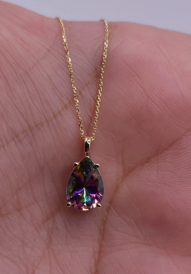 14Kt Gold Mystic Topaz Teardrop Pendant Necklace