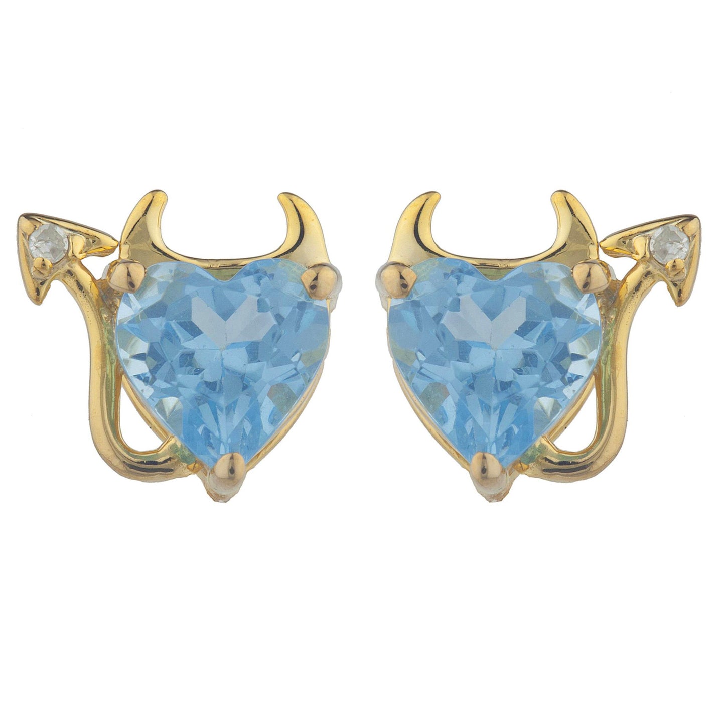 Blue Topaz & Diamond Devil Heart Stud Earrings 14Kt Yellow Gold Plated