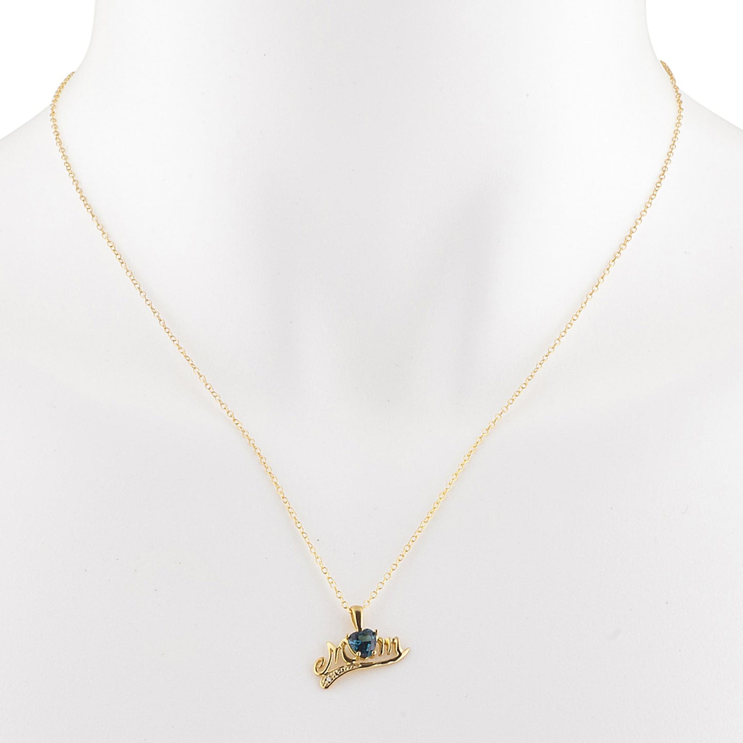 14Kt Gold London Blue Topaz & Diamond Heart Mom Pendant Necklace