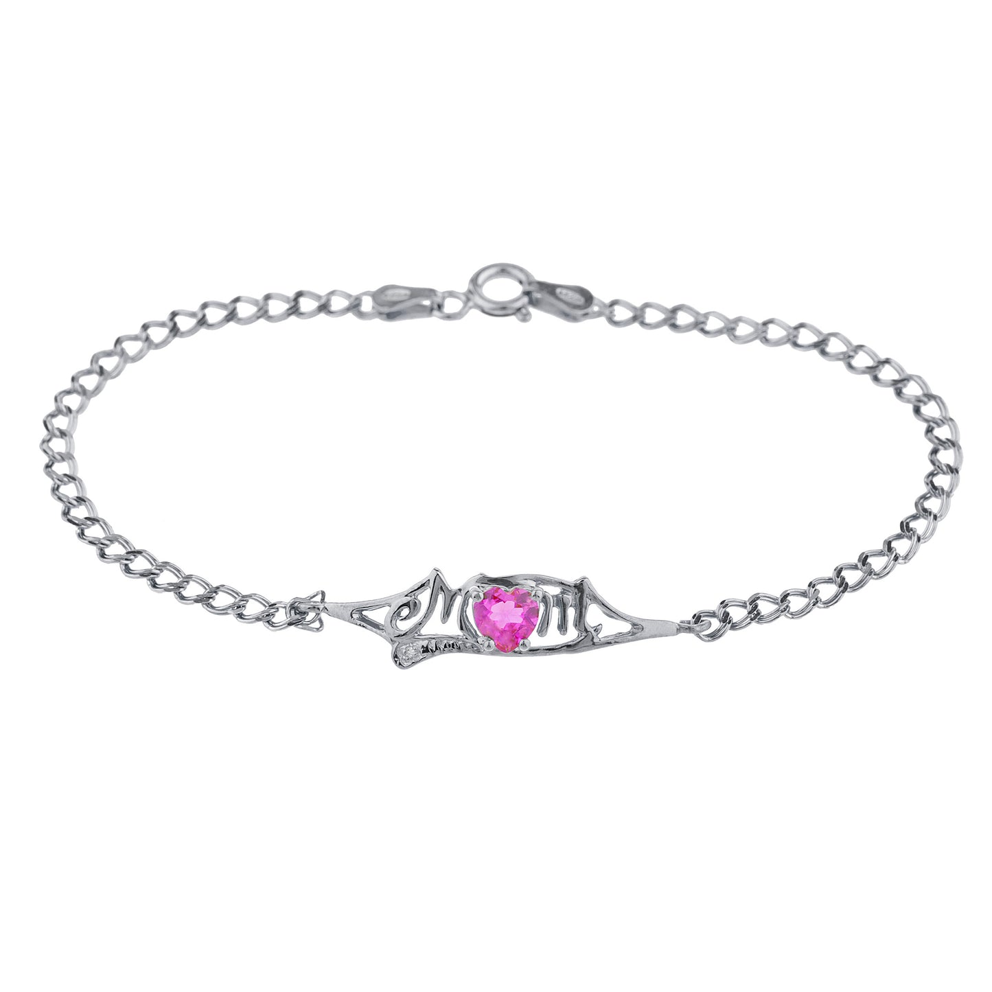 Pink Sapphire & Diamond Heart Mom Bracelet .925 Sterling Silver