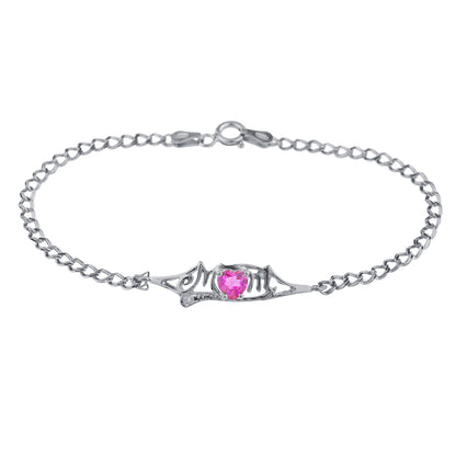 Pink Sapphire & Diamond Heart Mom Bracelet .925 Sterling Silver